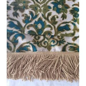 Vintage Mid Century Green Blue Floral Tablecloth Gold Fringe Fabric 2 Yds